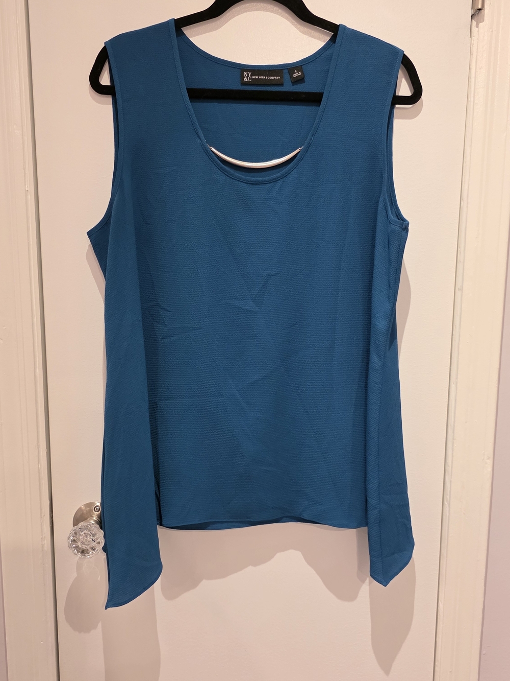 New York & Company Teal Blue Sleeveless Blouse Top with Silver Neckline Detail